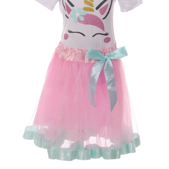 Girls 2 Pieces Skirt Set Unicorn T Shirt Top Tutu Tulle Party Kids Skirt Outfit - Picture 4 of 5